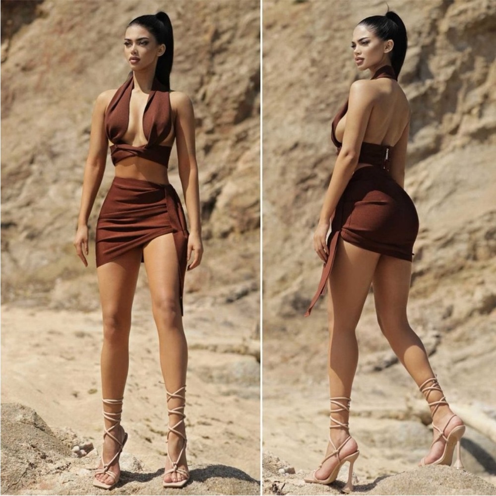 Like New Chocolate Brown Women's Bandage Stretchy Skirt Set